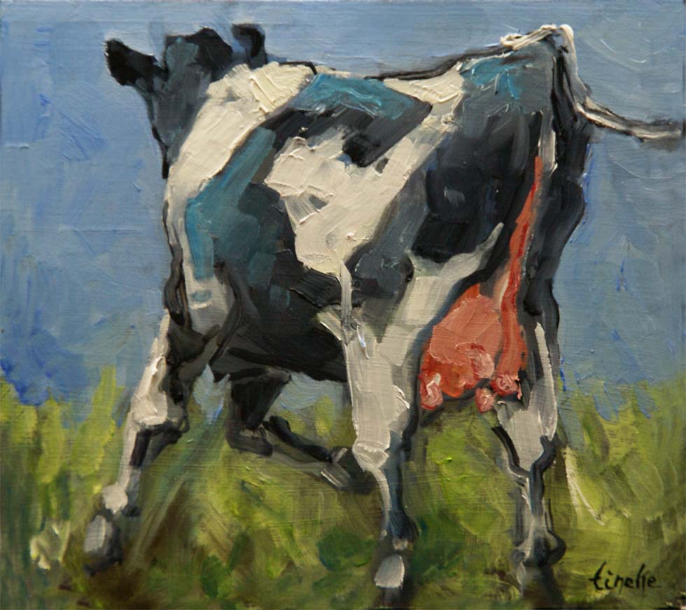 Koeienschilderij: Zwart wit bonte koe terug in de wei